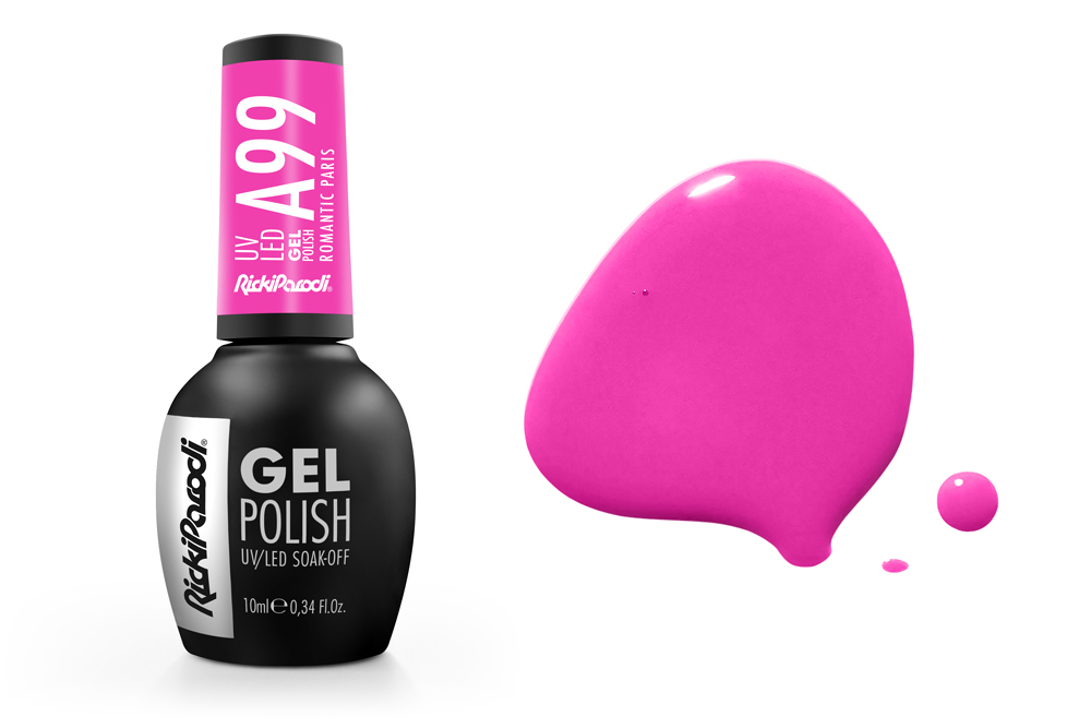 Verniz Gel RickiParodi Romantic Paris A99 10.5 ml Frasco de verniz gel para unhas rosa com tampa rosa e mancha de verniz ao lado