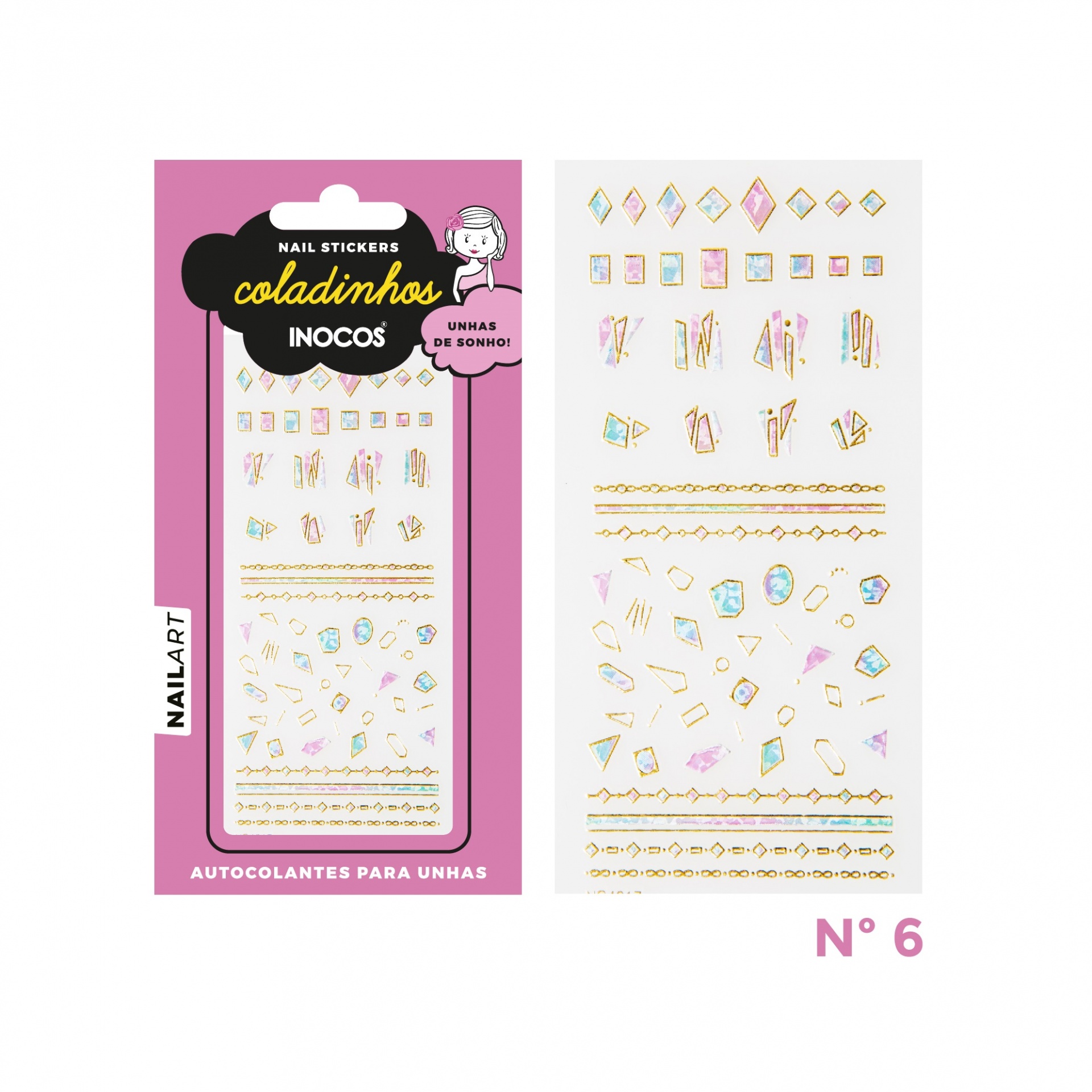 INOCOS COLADINHOS - NAIL STICKERS NR 6 Autocolantes para unhas com padrões dourados e azuis em embalagem rosa