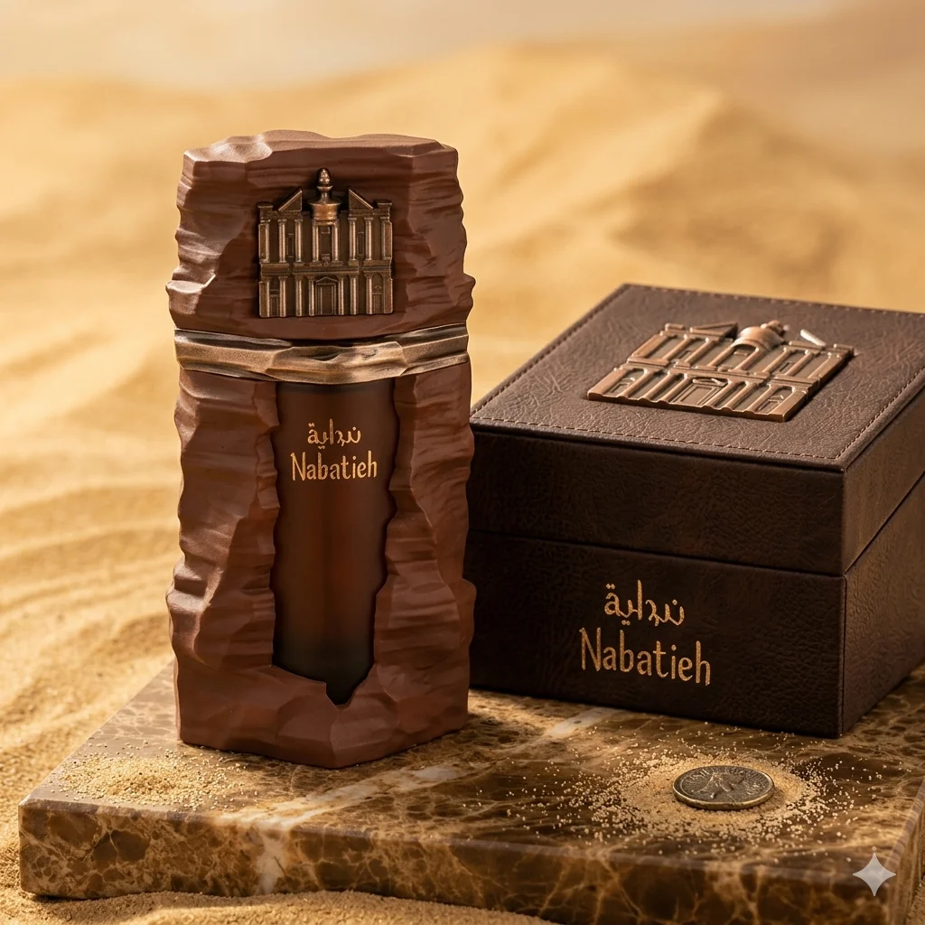 French Avenue Nabatieh Eau De Parfum 90ml Frasco de perfume e caixa Nabatieh em tons castanho sobre base de mármore com areia