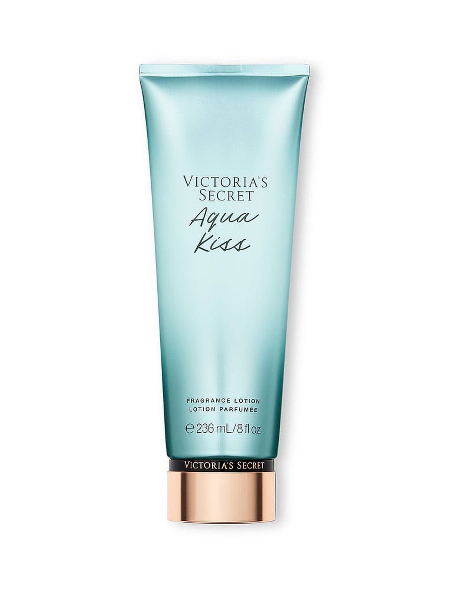 Victoria's Secret Aqua Kiss Body Lotion 236ml Loção perfumada Victorias Secret Aqua Kiss em embalagem azul metálica com tampa dourada