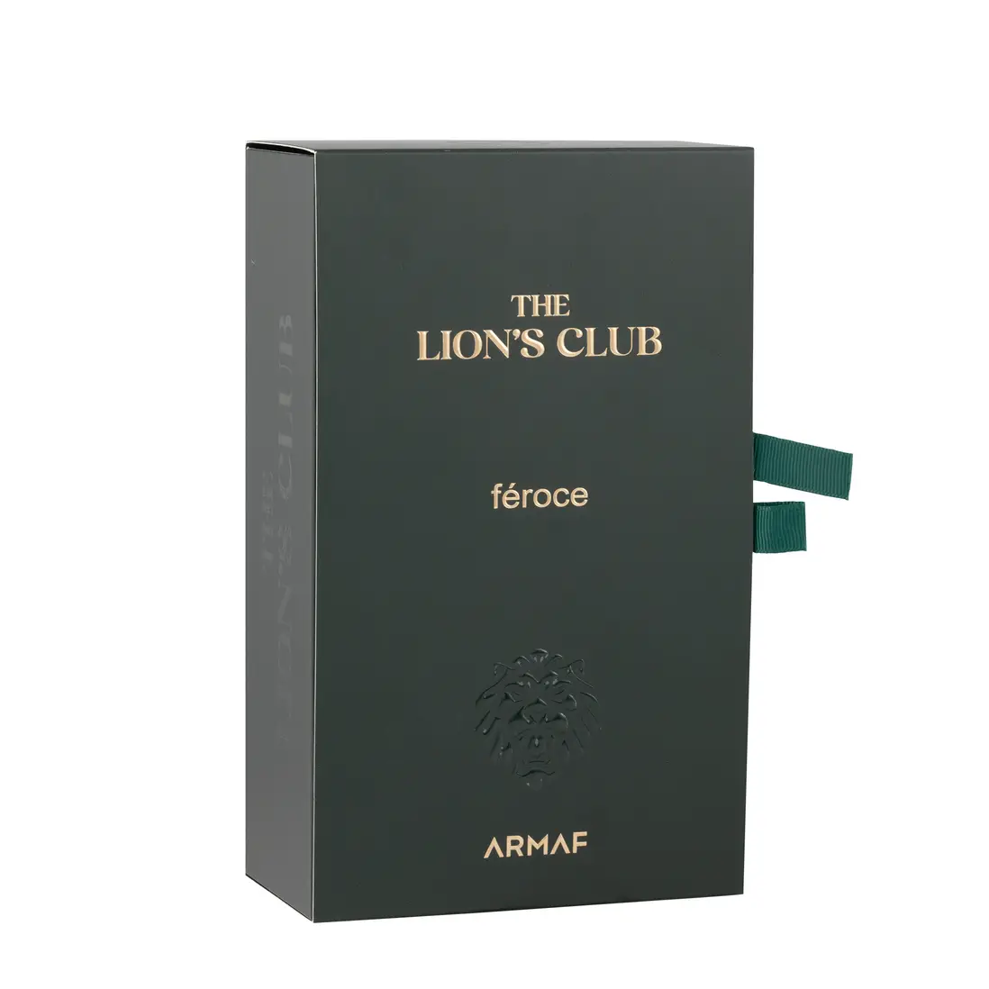 Armaf The Lions Club Feroce Eau de Parfume 100ml Caixa de embalagem de perfume verde escuro com texto dourado e relevo de leão