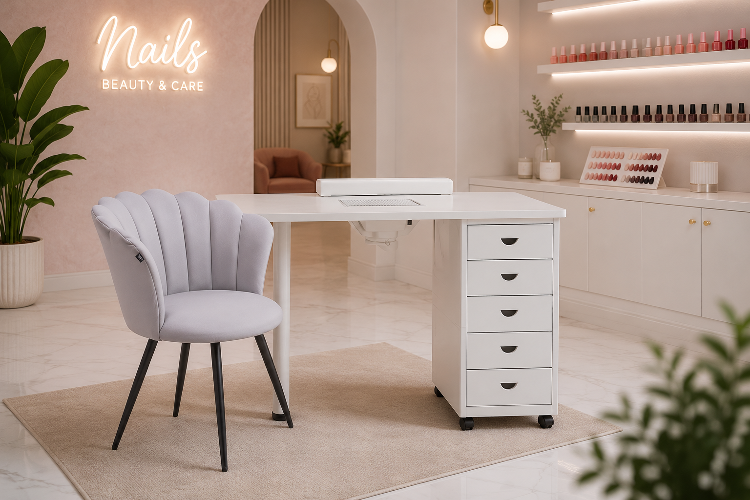 Cadeira de manicure Conjunto para manicure com secretária branca e cadeira estofada cinza claro