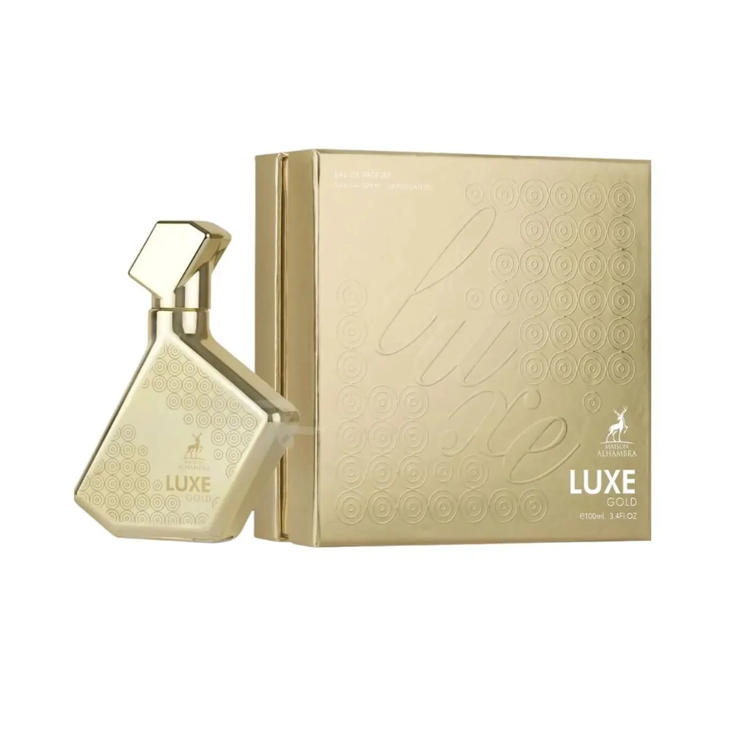 Eau de parfum Luxe Gold 100ml - Maison Alhambra Frasco e caixa dourados de perfume Luxe Gold com texto e padrão circular