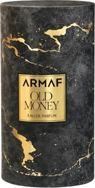 Armaf Old Money Eau de Parfum For Men 100ml Embalagem cilíndrica preta com riscos dourados e etiqueta dourada com texto ARMAF OLD MONEY EAU DE PARFUM