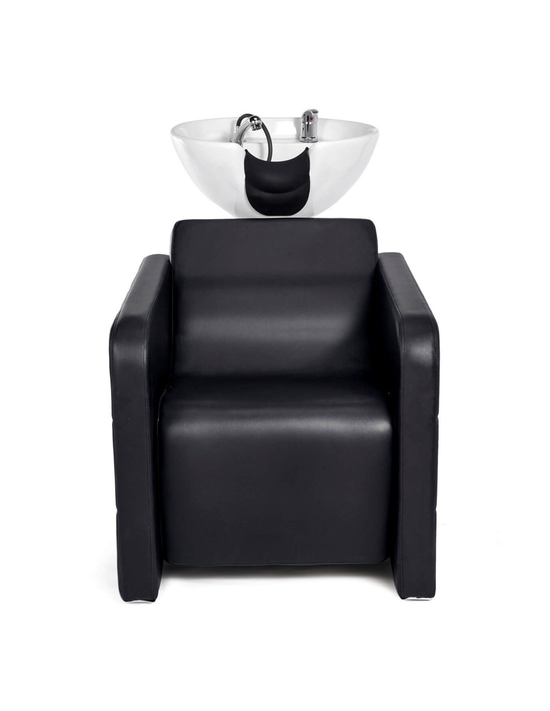Rampa de Lavagem MARVIN Cadeira de cabeleireiro preta com lavatório branco e apoio de pescoço preto