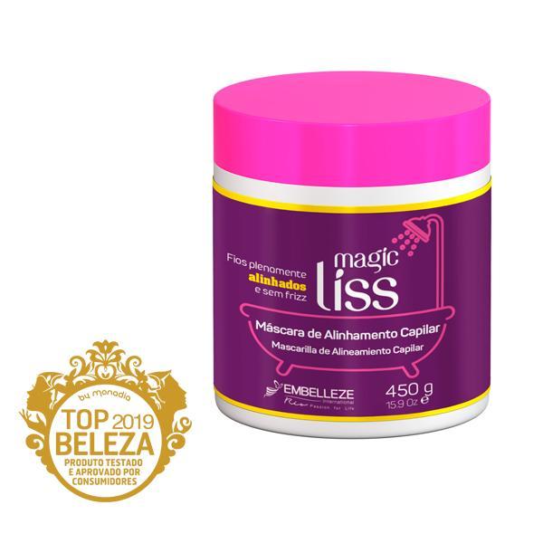 Novex Máscara de Alinhamento Capilar Magic Liss 450g Máscara de alinhamento capilar Magic Liss em pote roxo com tampa rosa e selo de prêmio