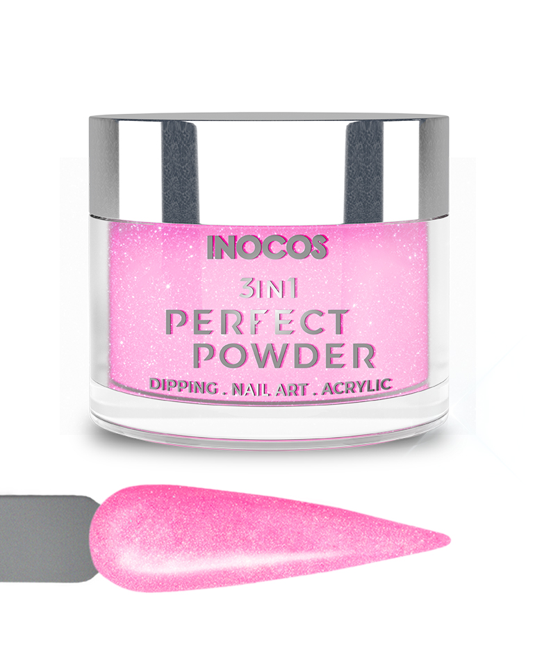 INOCOS PERFECT POWDER 3 EM 1 P13 Fantasia Rosa 20GR Pote de pó para unhas rosa brilhante INOCOS com tampa prateada