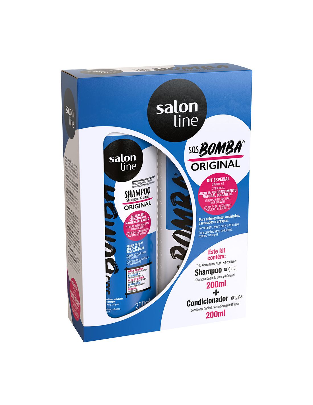 Salon Line Kit Shampoo e Condicionador SOS Bomba Original 200ml Conjunto champô e condicionador Salon Line SOS BOMBA ORIGINAL em embalagem azul e branca