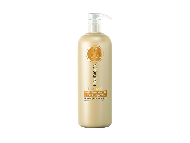 Haskell Mandioca Shampoo 1l Frasco dourado BeBell Mandioca com tampa doseadora branca