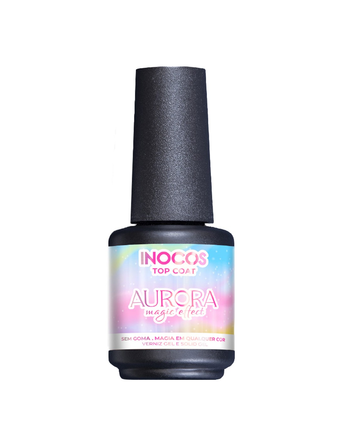 Top Coat Aurora 15ml - Coleção FLORA INOCOS Frasco de verniz de unhas Inocos Aurora com tampa preta e rótulo colorido