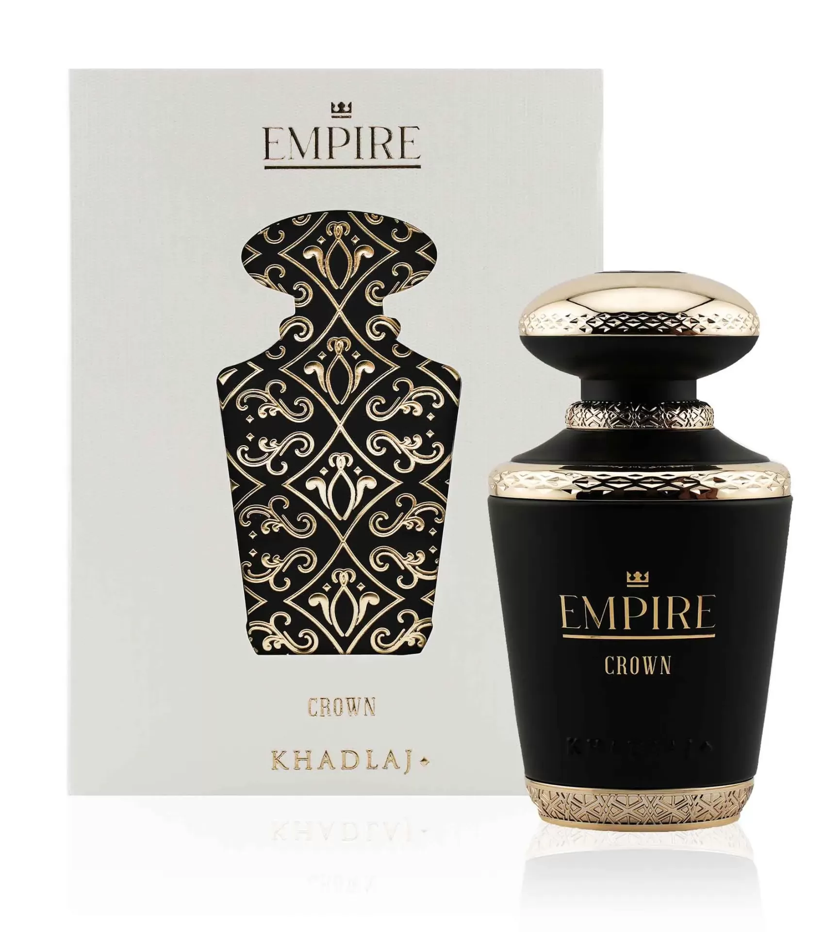 Khadlaj Empire Crown Eau de Parfum 100ml Frasco de perfume preto e dourado ao lado de caixa branca com padrão e texto