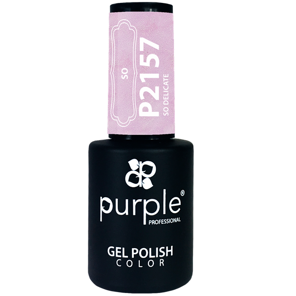 Purple Verniz Gel So Collection 10ml Ref. P2157 Frasco preto de verniz gel para unhas Purple Professional com tampa rosa claro e texto P2157 SO DELICATE