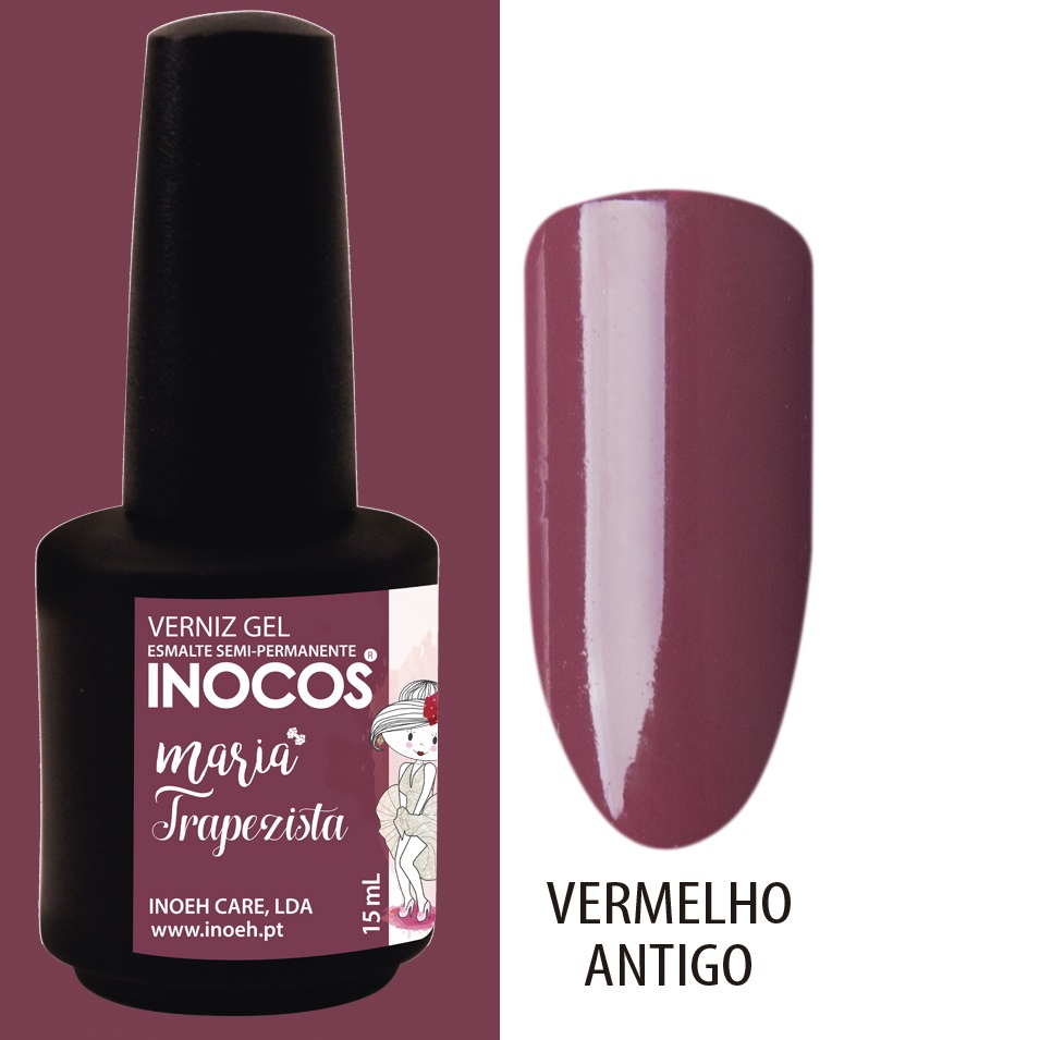 INOCOS VERNIZ GEL MARIA TRAPEZISTA 15ML Verniz gel INOCOS cor Vermelho Antigo com frasco preto e rótulo lilás