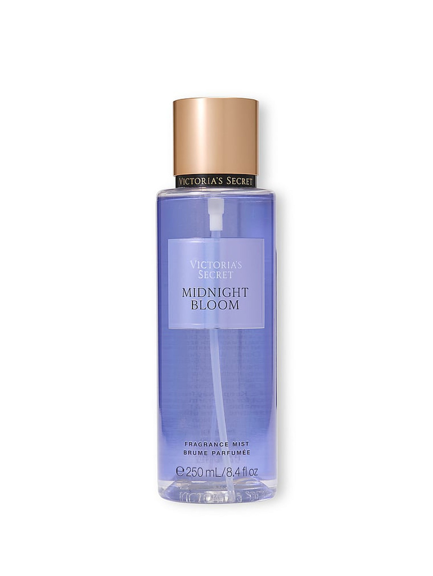 Victoria's Secret Midnight Bloom Fragrance Mist Spray 250 ml Frasco roxo translúcido com tampa dourada de perfume Victorias Secret Midnight Bloom