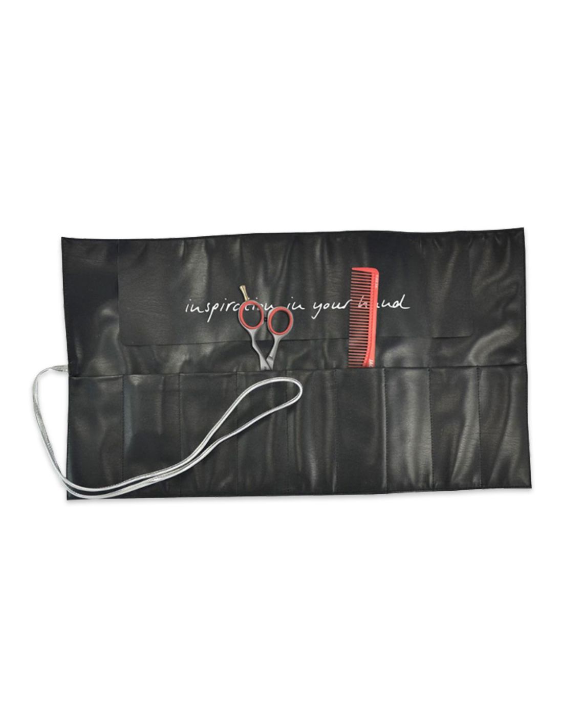 Estojo de Enrolar Prateado - Jaguar Conjunto de tesoura, pente e bolsa preta com texto