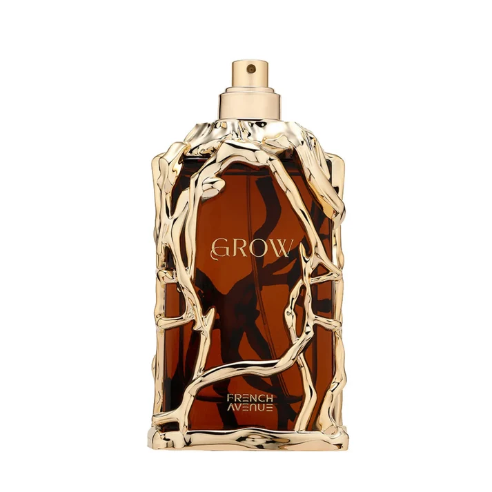 French Avenue Grow Eau De Parfum Unisex 100 Ml Frasco de perfume castanho com ornamentos dourados e texto GROW FRENCH AVENUE
