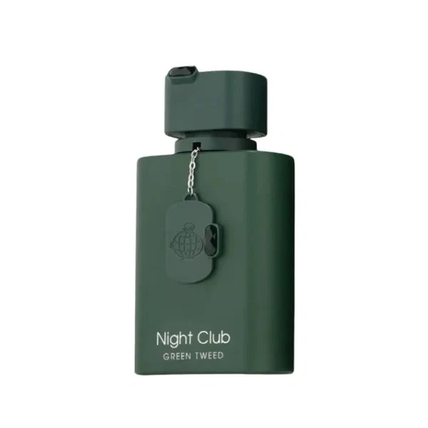 Night Club Green Tweed Fragrance World for men 100ml Frasco de perfume verde escuro com texto Night Club GREEN TWEED