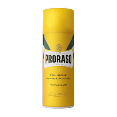 Espuma de barbear Proraso com manteiga de cacau e karité 400ml Frasco amarelo de espuma de barbear PRORASO para pele seca
