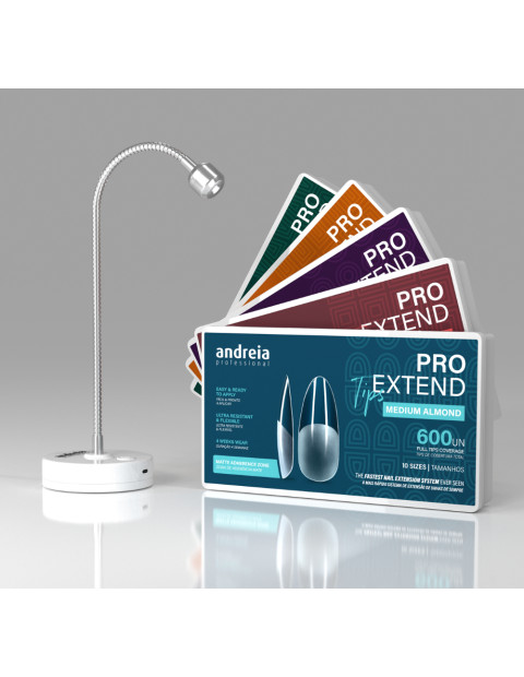 Catalisador Tips Unhas Andreia PRO Extend Lamp Embalagens de unhas postiças Andreia Professional PRO EXTEND e lâmpada de mesa flexível branca