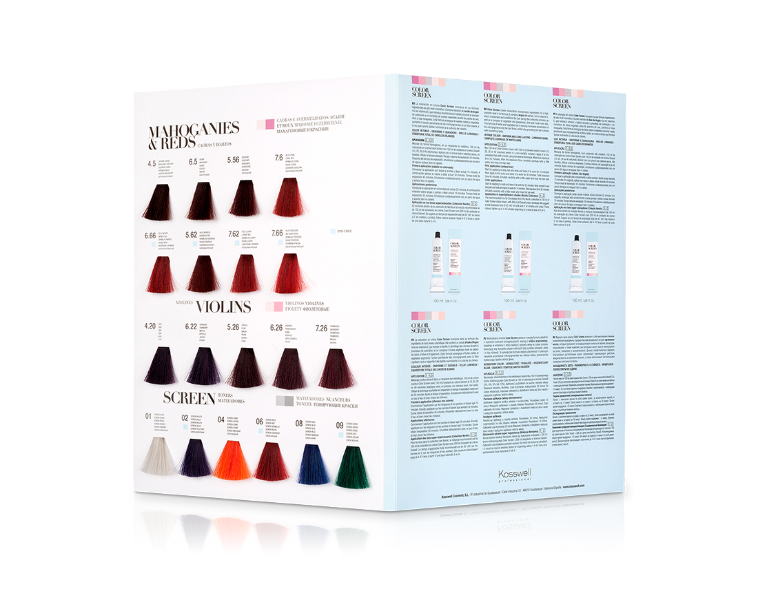 Kosswell Professional Coloração Color Sheen 100ml(108cores) Caixa de tintura capilar com amostras de cores em três categorias e texto explicativo