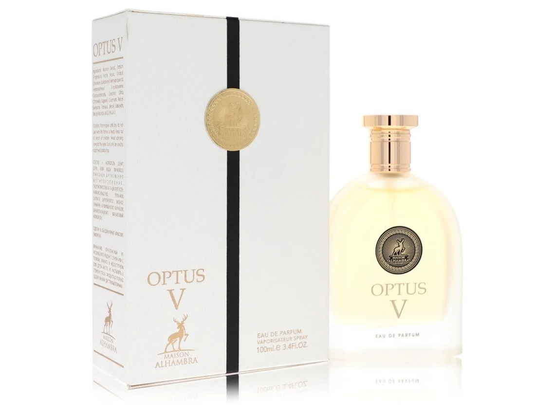 Maison Alhambra Optus V 100ml Eau de Parfum Perfume Optus V Maison Alhambra com caixa branca e frasco dourado e transparente