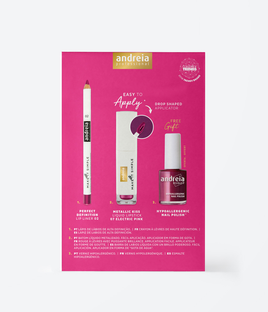 Andreia Makeup Kit Metallic Kiss Conjunto de maquilhagem Andreia Professional com lápis labial, batom líquido e verniz hipoalergénico em fundo rosa