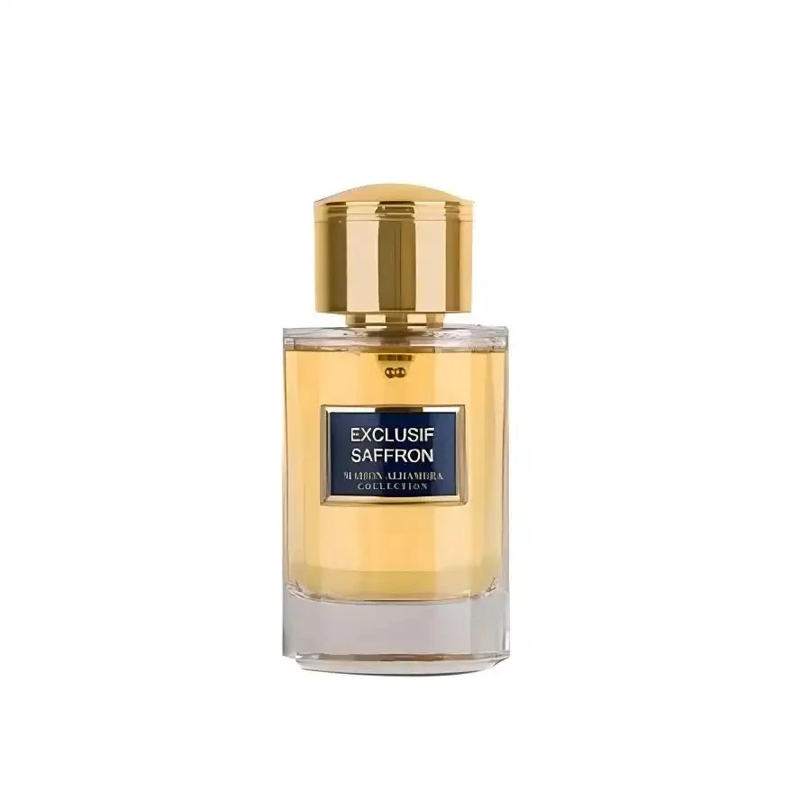 MAISON ALHAMBRA Edp Exclusif Saffron 100 Ml Frasco de perfume Exlusif Saffron com tampa dourada e líquido âmbar