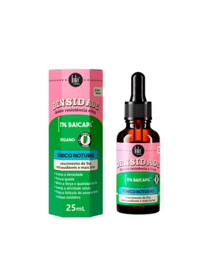 Lola Cosmetics Densidade Tónico Noturno 25ml Frasco âmbar com tónico noturno e embalagem rosa e verde