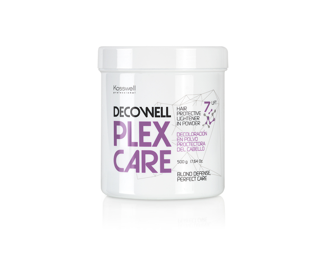 Kosswell Professional Decowell Plex Care 500gr Recipiente branco de plástico com rótulo Decowell Plex Care pó protetor para cabelo