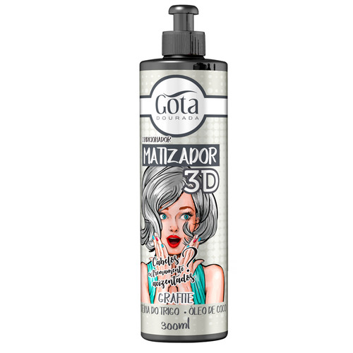 Gota Dourada Matizador 3D Grafite 300ml Frasco de condicionador matizador 3D Gota Dourada com ilustração de mulher de cabelo cinza