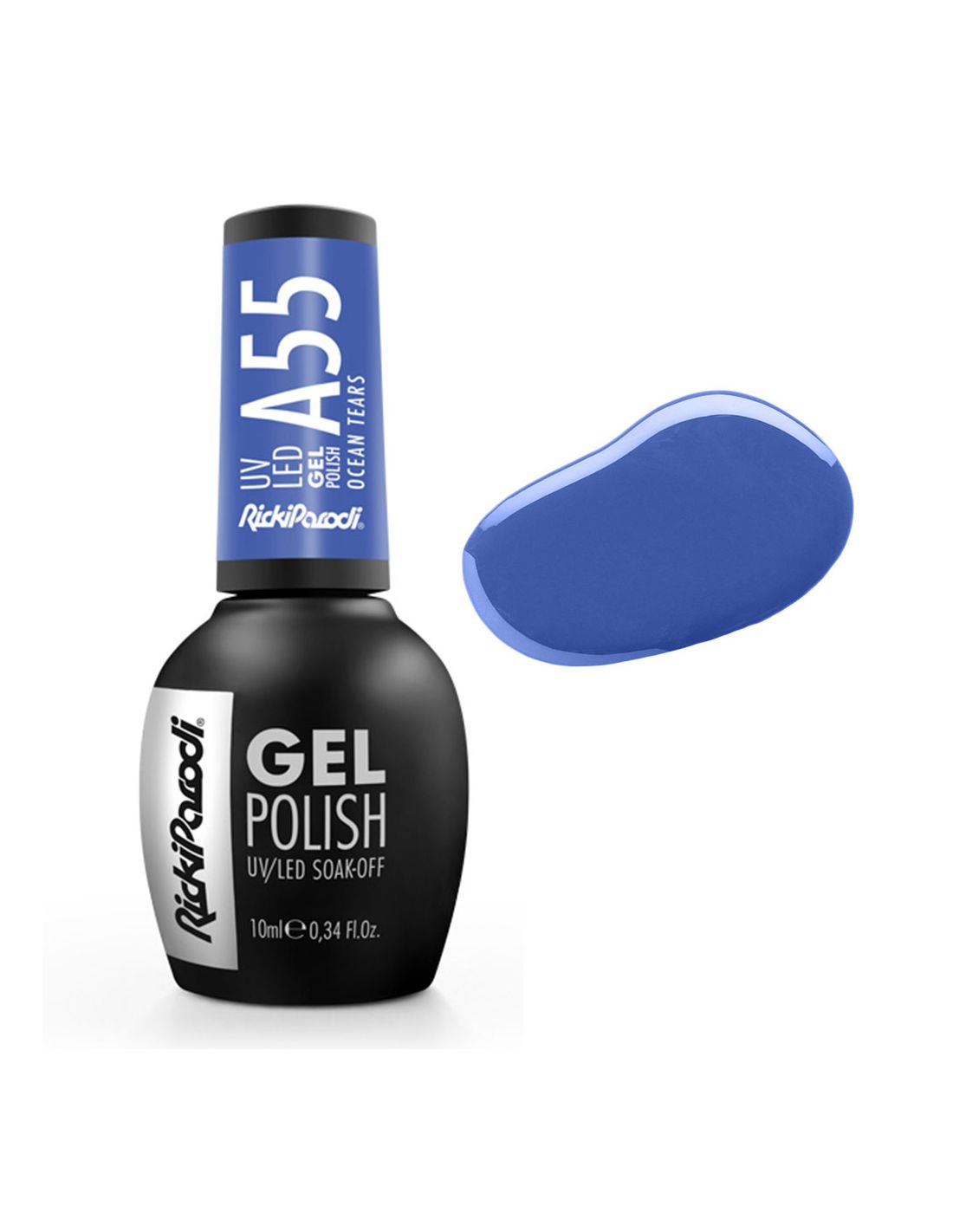 Verniz Gel A55 Ocean Tears - Water Collection - Ricki Parodi Esmalte gel Ricki Parodi A55 azul em frasco preto fosco com amostra de cor azul