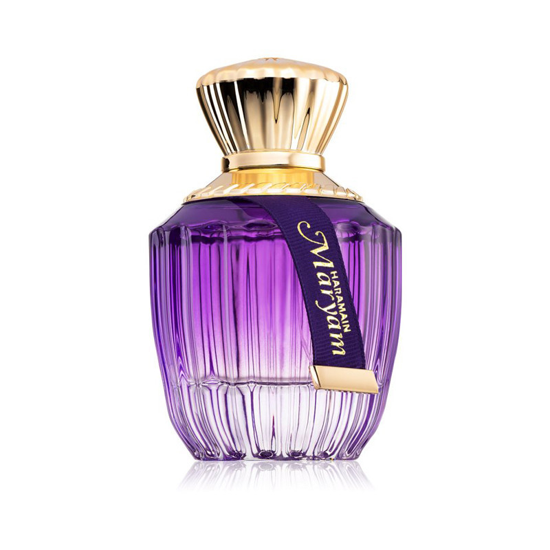 Al Haramain Maryam Eau De Parfum Spray 100ml Frasco de perfume roxo com tampa dourada e etiqueta azul com texto