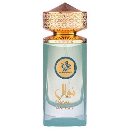 Al Wataniah Nawal Tanzanite EDP U 100 ml Frasco de perfume azul-esverdeado com tampa dourada e texto AL WATANIAH, NAWAL, TANZANITE