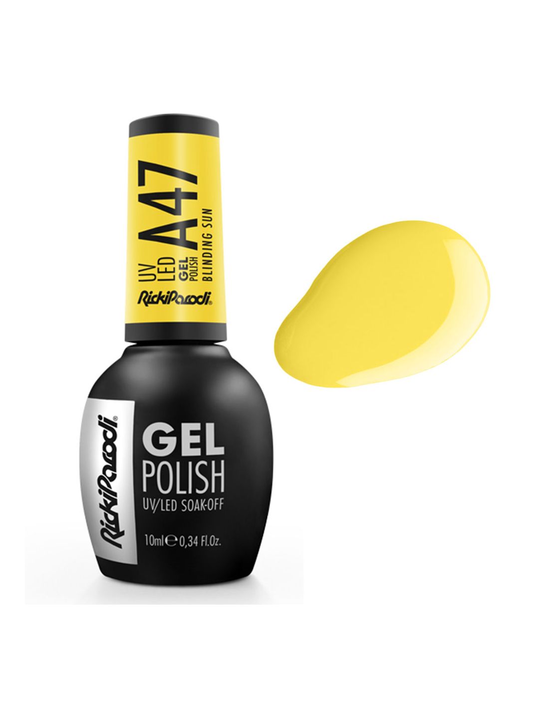 Verniz Gel A47 Blinding Sun - Fire Collection - Ricki Parodi Frasco de esmalte gel amarelo RickiParodi com amostra de cor