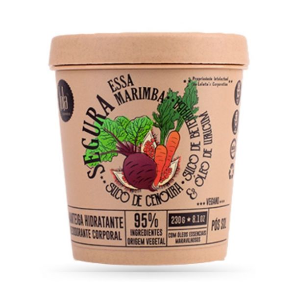 LOLA – segura essa marimba manteiga hidratante corporal suco de cenoura - pós sol 230g Embalagem de creme hidratante corporal com ilustração de beterraba e cenoura e texto em português