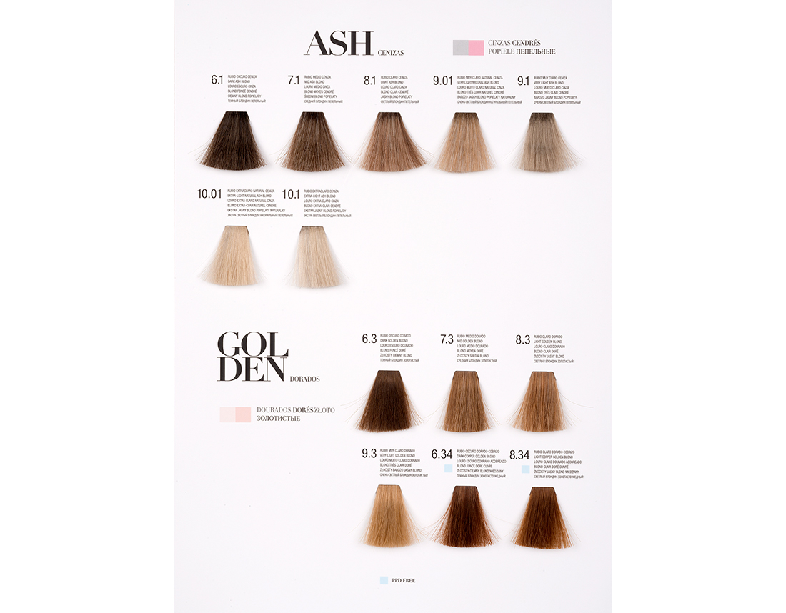 Kosswell Professional Coloração Color Sheen 100ml(108cores) Amostras de cores de tintas para cabelo em tons castanhos e loiros, com números e descrições, divididas em categorias ASH e GOLDEN.