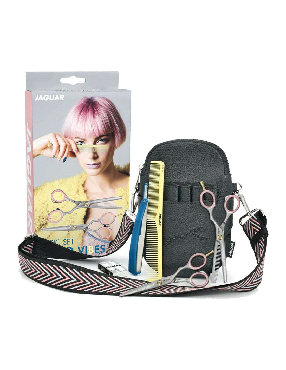 Set Básico Good Vibes Relax Slice Pre Style - Jaguar Conjunto de ferramentas para cabeleireiro Jaguar com tesouras, pente, navalhete, bolsa preta e alça decorada