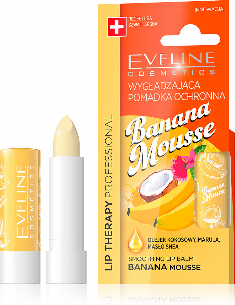 Eveline Cosmetics LIP THERAPY SMOOTHING BALM BANANA MOUSSE Bálsamo labial Eveline Banana Mousse em embalagem amarela e laranja com ilustrações de banana e coco
