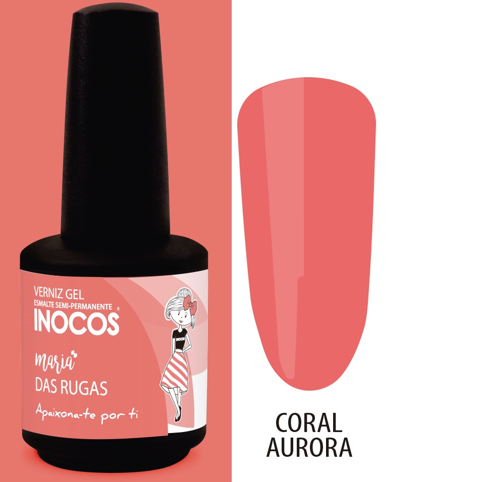 INOCOS VERNIZ GEL MARIA DAS RUGAS 15ML Frasco de verniz gel coral aurora da INOCOS com ilustração feminina