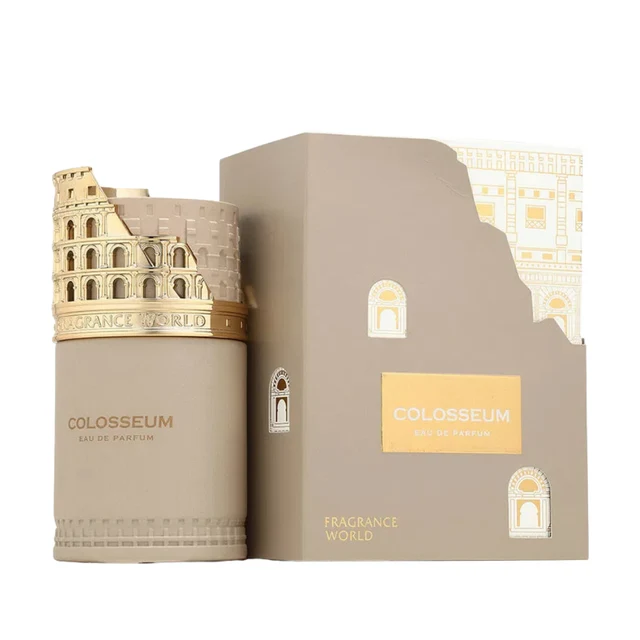 Fragrance World Colosseum Eau De Parfum Unisex 100 Ml Frasco de perfume e caixa com design do Coliseu em tons bege e dourado