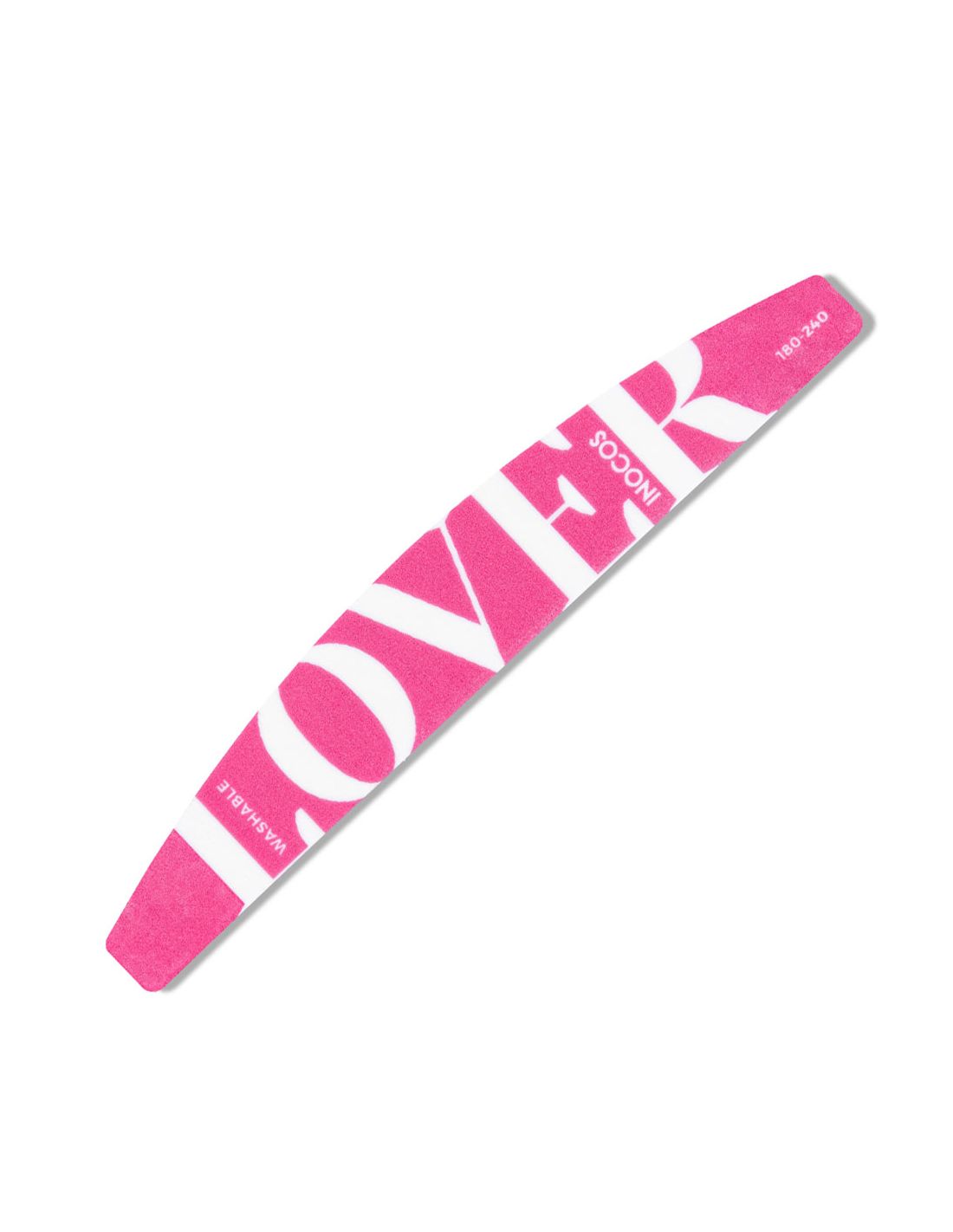 Lima HalfMoon Lavável Lover 180/240 - Coleção Quem Nunca INOCOS Lima de unhas cor-de-rosa com texto branco 'LOVER' e 'INOCOS'
