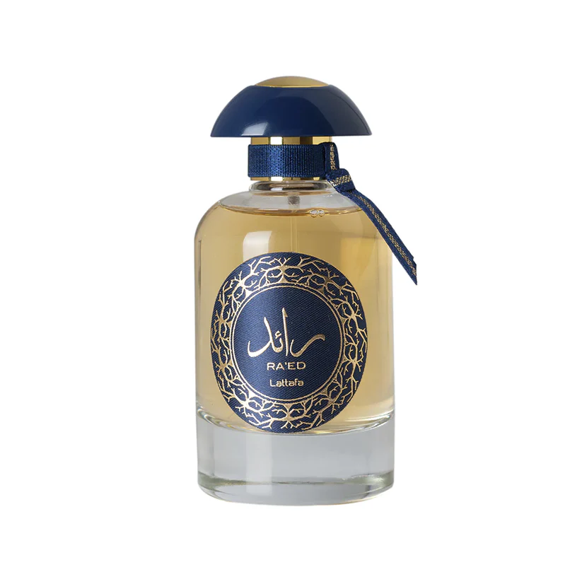 Raed Luxe Lattafa Unissex 100ml (Original) Frasco de perfume transparente com tampa azul e etiqueta azul com texto dourado