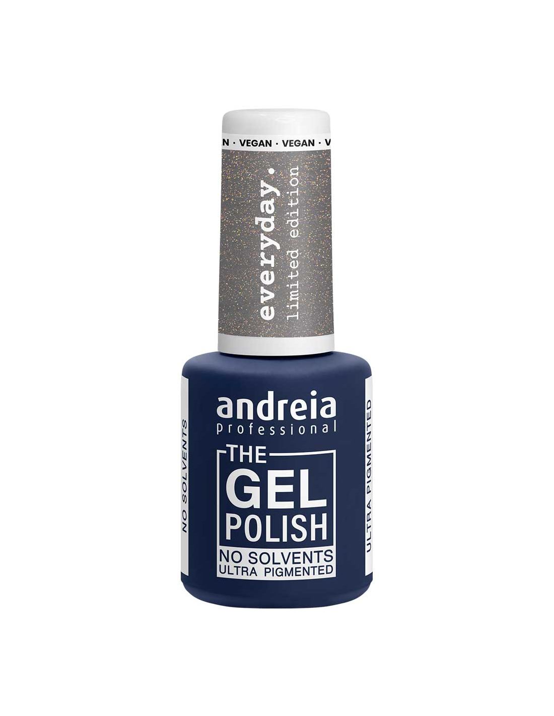 The Gel Polish Andreia - Everyday Collection - ED1 Frasco azul escuro de verniz gel para unhas da andreia professional com texto branco e rótulo prata