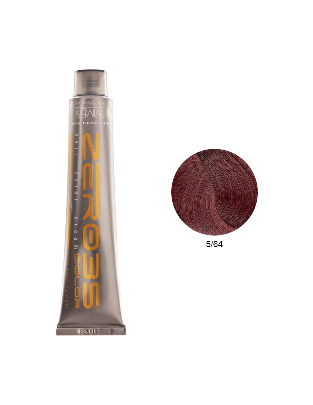 Coloração Sem Amoníaco 100ml - 5/64 Castanho Cobre Vermelho Claro - Zero35 - Emmebi Tubo de coloração capilar NEROS cinza metálico com amostra de cor castanho avermelhado 5/64