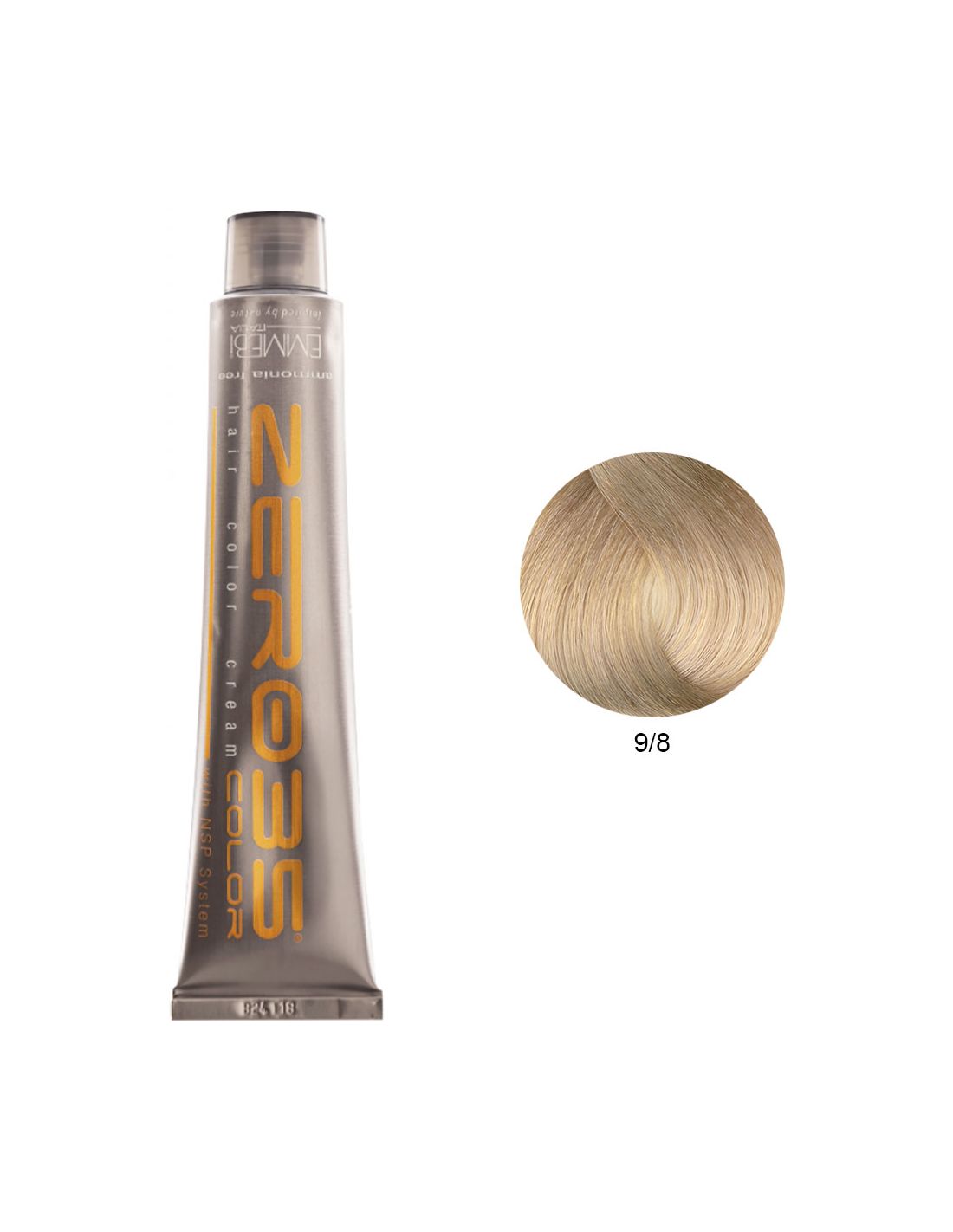 Coloração Sem Amoníaco 100ml - 9/8 Whisky - Zero35 - Emmebi Tubo metálico de tinta de cabelo Zer035 com amostra da cor 9/8 loiro claro dourado