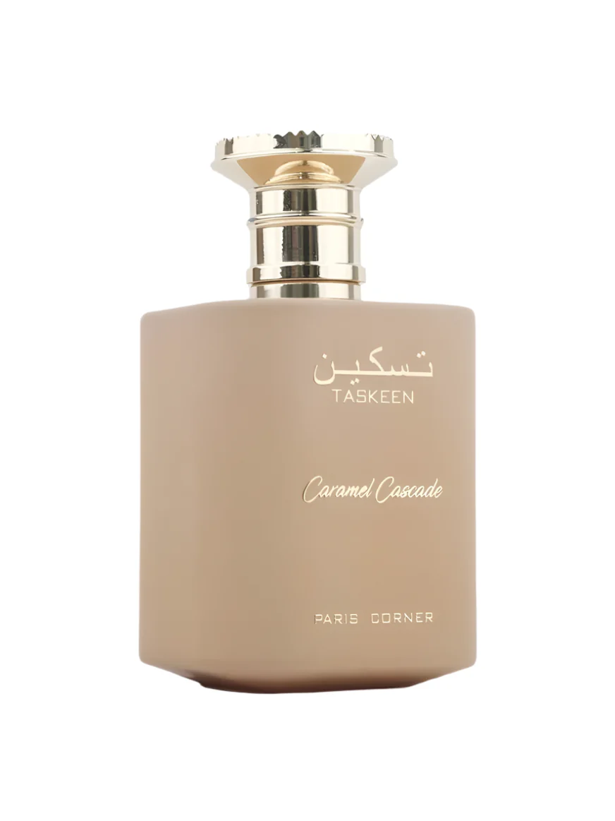 Taskeen Caramel Cascade | Paris Corner Frasco de perfume castanho claro com tampa dourada e texto dourado