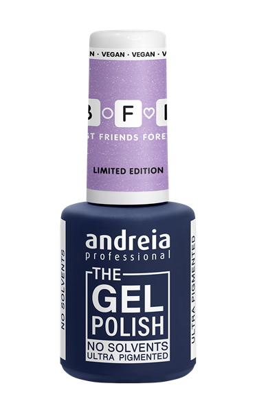 Andreia Coleção Best Friends Forever (BFF) pack de 6 cores Frasco de verniz gel Andreia Professional azul escuro com tampa roxa e texto