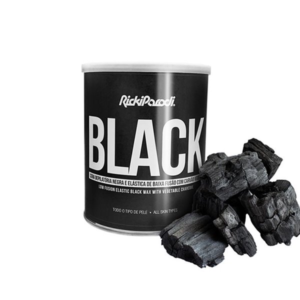 Ricki Parodi Cera Elástica Preta 800grs Lata preta de cera para depilação e carvão vegetal