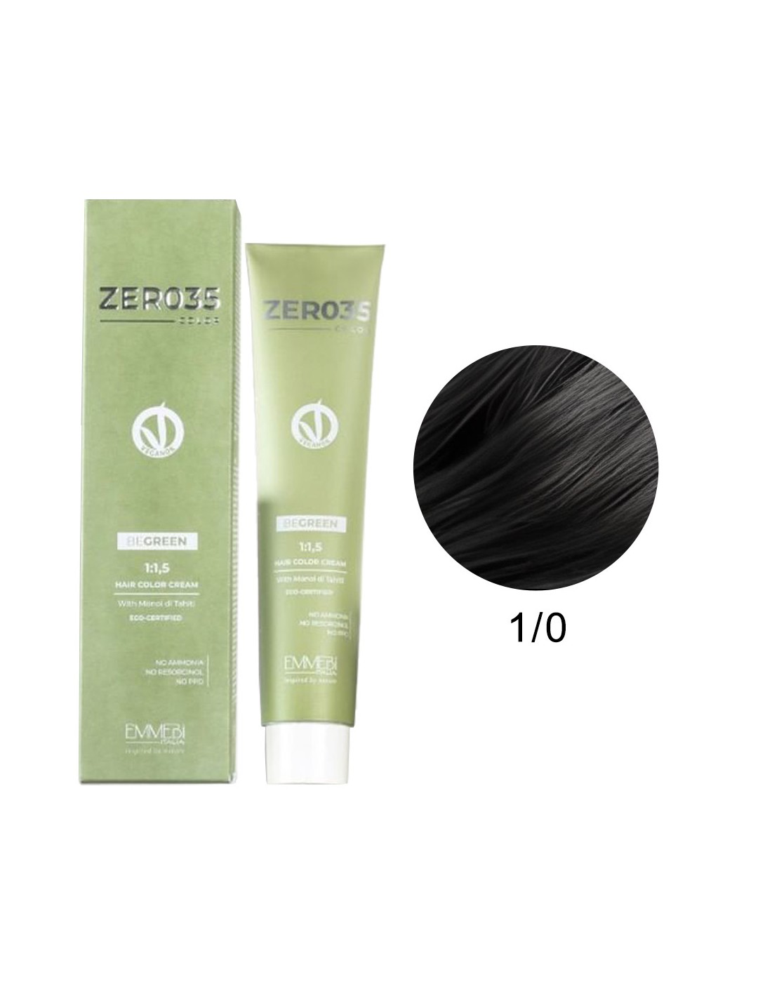 Coloração Be Green Vegan 1/0 Zero35 100ml - Emmebi Creme coloração cabelo ZERO35 ICEGREEN EMMEBI cor preta 1/0
