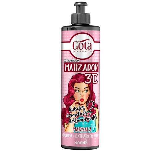 Gota Dourada Matizador 3D Marsala 300ml Frasco rosa de matizador 3D Marsala Gota Dourada com doseador preto e ilustração de mulher de cabelo vermelho